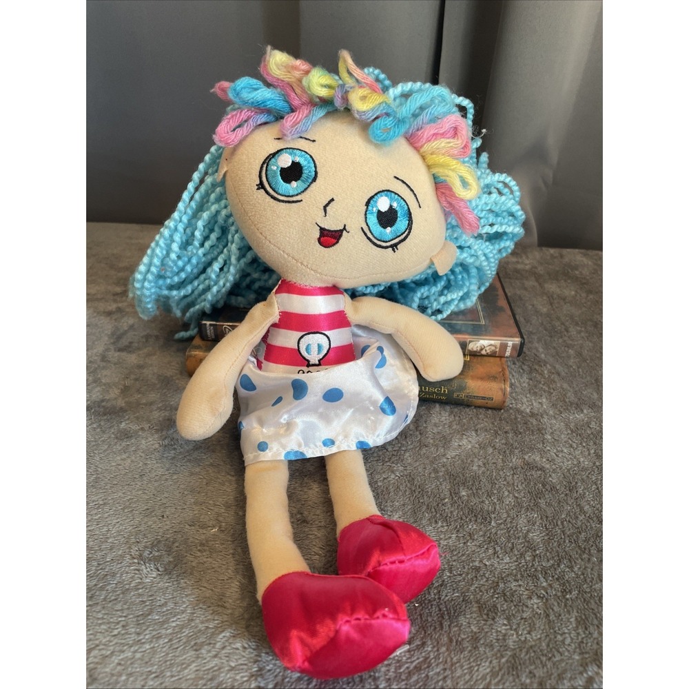 Hug Fun 12" plush  lovey soft doll blue yarn hair & eyes / Skull And Pink Shoes